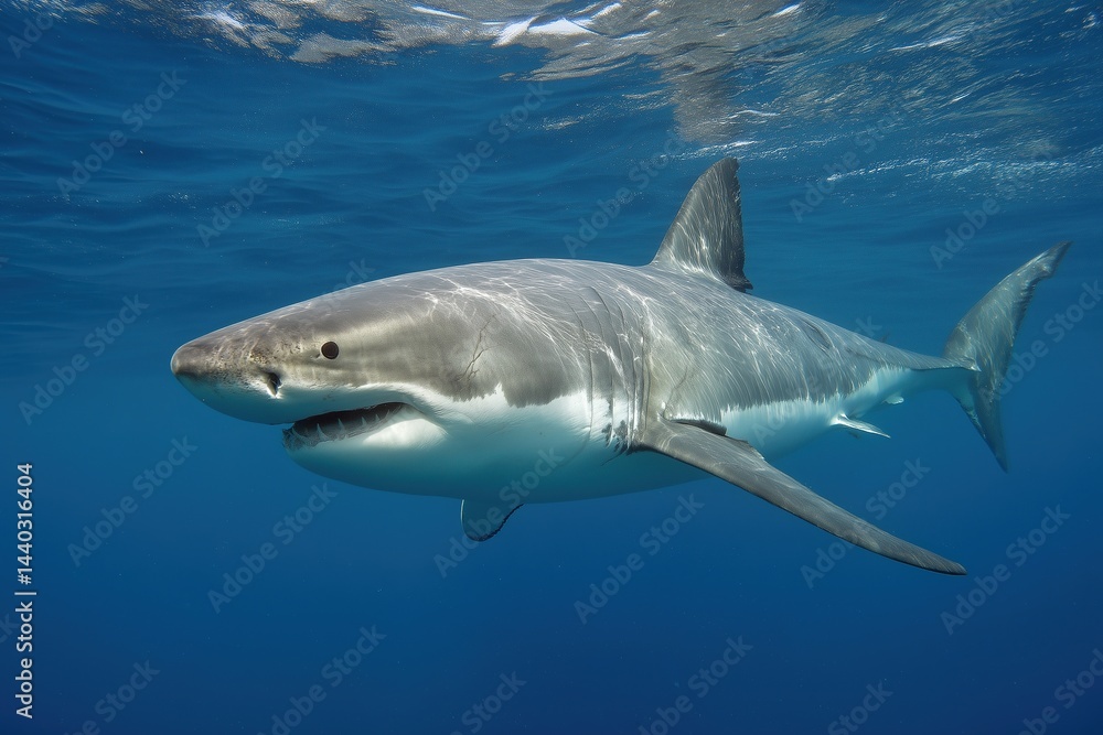 Fototapeta premium Great white shark swimming in clear blue ocean water