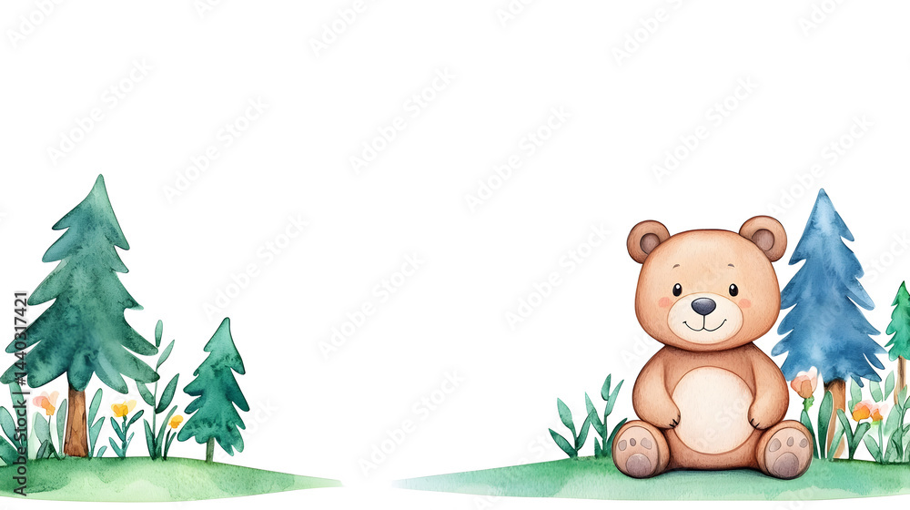 A watercolor cartoon frame with cute teddy bear sitting on grass with copy space for text A watercolor cartoon frame with cute teddy bear sitting on grass with copy space for text