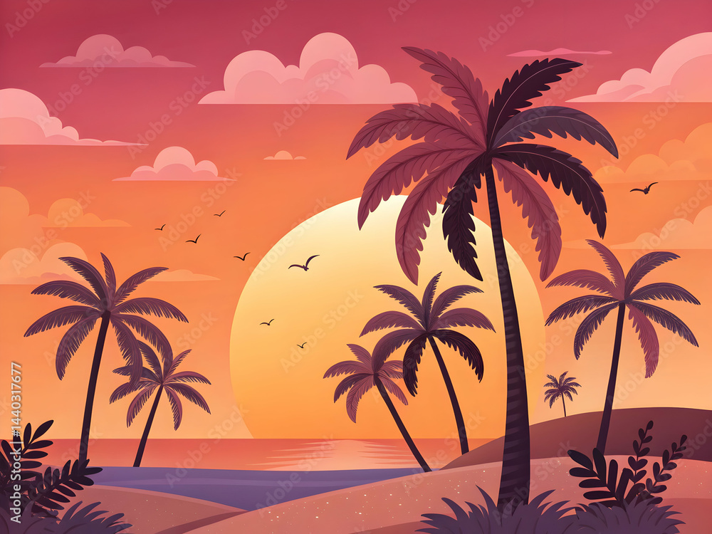 Serene Tropical Sunset with Palm Trees and Vibrant Sky Colors Serene Tropical Sunset with Palm Trees and Vibrant Sky Colors