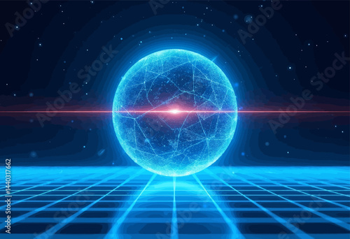 Blue Network Sphere with Red Horizon on Grid