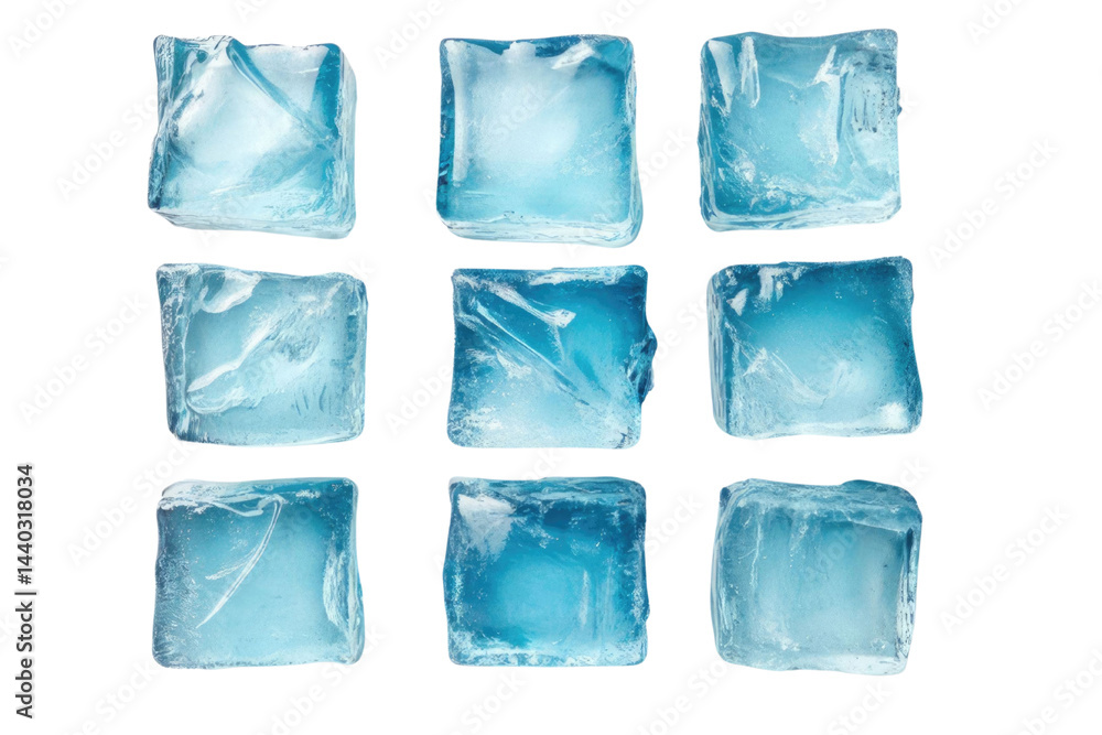 Naklejka premium light blue Nine Individual Square Ice Cubes Isolated on white background PNG