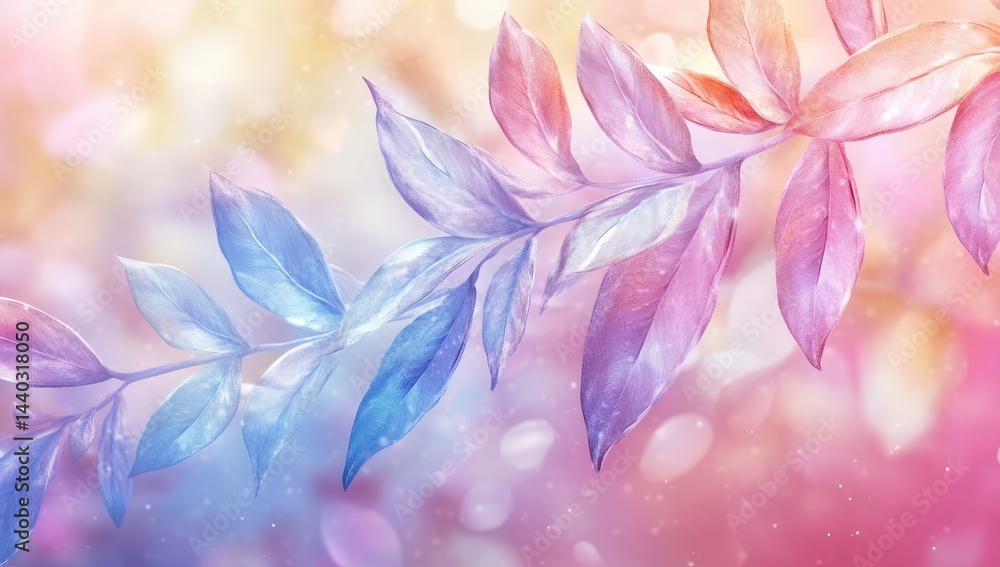 Pastel-colored leaves branch, dreamy bokeh background Pastel-colored leaves branch, dreamy bokeh background