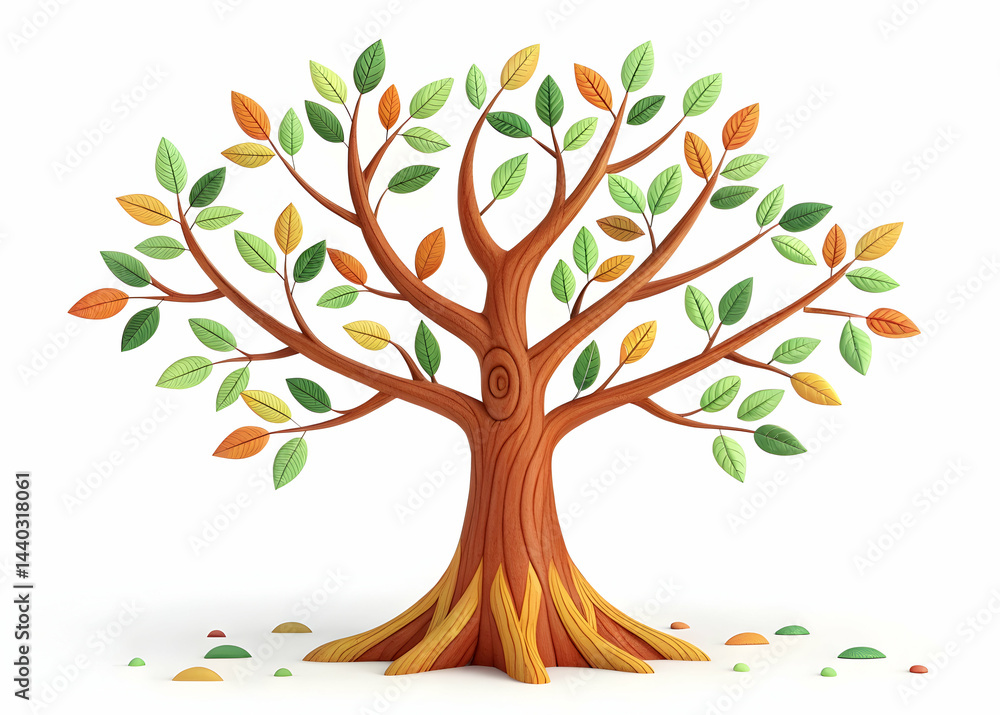 Obraz premium Colorful Cartoon Tree with Leafy Branches on a White Background