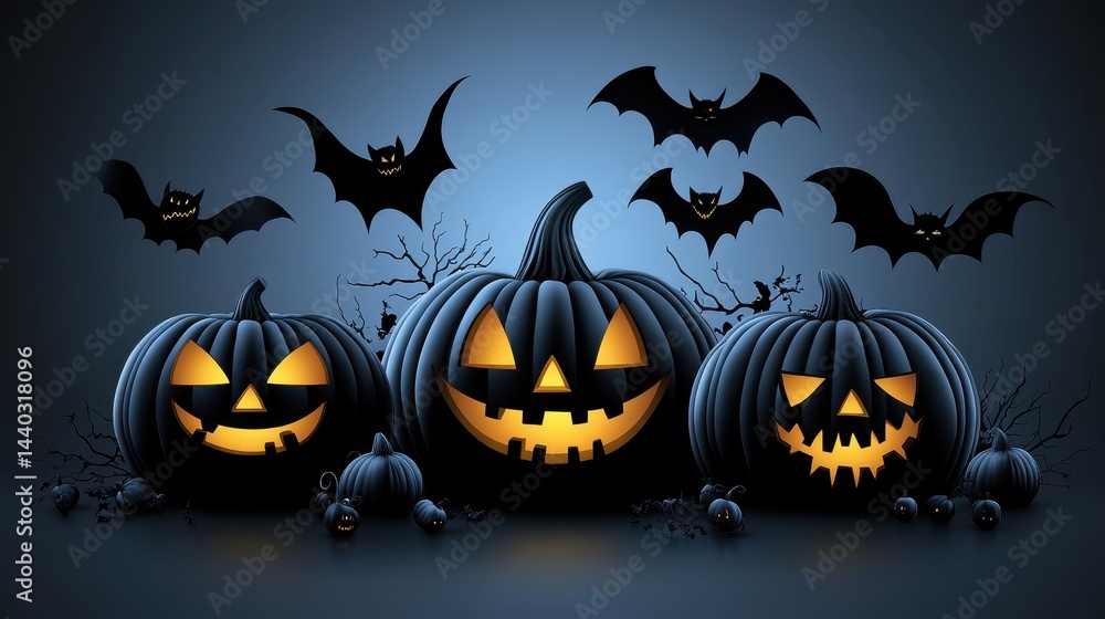 Halloween pumpkins with carved faces and bats flying in the night. Spooky Halloween concept. Halloween pumpkins with carved faces and bats flying in the night. Spooky Halloween concept.