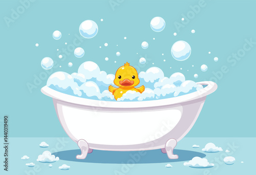 Cartoon Duckling in Bubble Bath on Blue Background