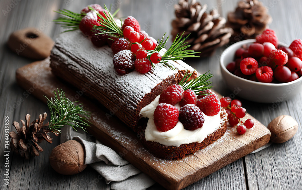 Rustic Yule log cake with fresh berries and pine sprigs on wooden board surrounded by pinecones and nuts Rustic Yule log cake with fresh berries and pine sprigs on wooden board surrounded by pinecones and nuts