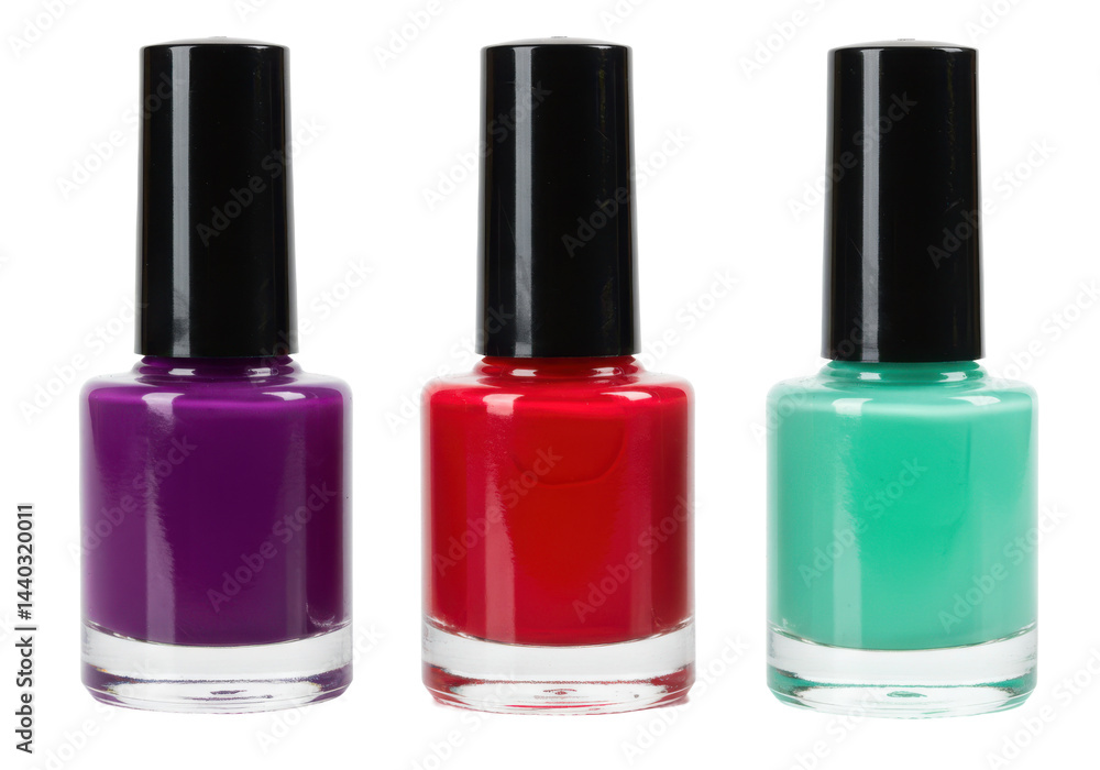 Three colorful nail polish bottles with black caps isolated on transparent background Three colorful nail polish bottles with black caps isolated on transparent background