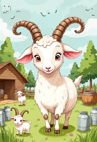 Cartoon Goats on Farm with Barn and Milk Cans