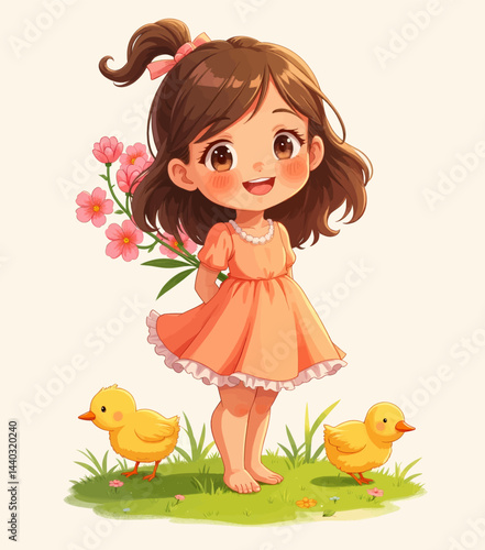 Cartoon girl with flowers and chicks on grass