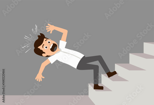 Cartoon man falling down stairs, shocked expression