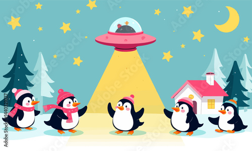 Cartoon Penguins Under a UFO Beam at Night
