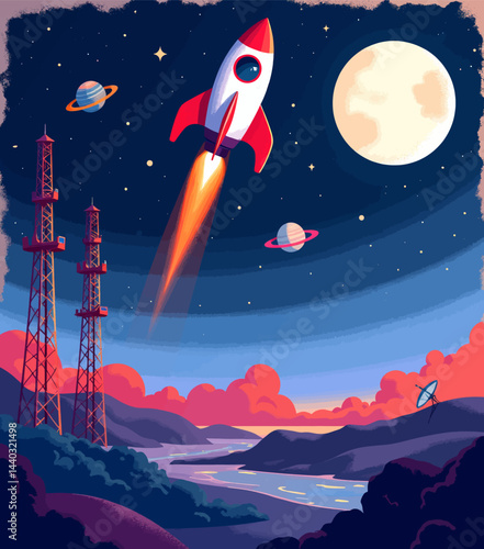 Cartoon rocket launch with planets and full moon at night