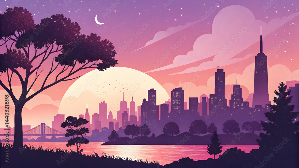 Fototapeta premium Vibrant Sunset Over City Skyline with Silhouetted Trees