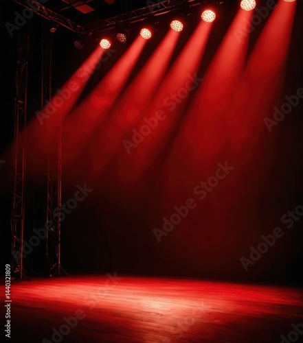 A vibrant stage illuminated by striking red lights and dynamic spotlights, creating an electrifying atmosphere perfect for a live performance or event.
