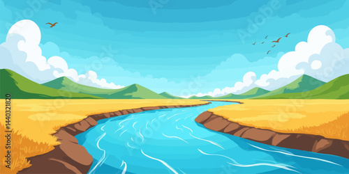 Cartoon River Landscape with Mountains and Birds