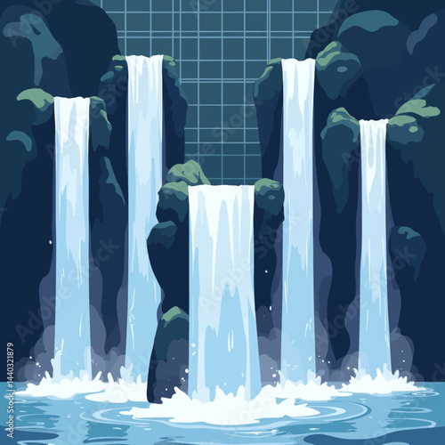 Cartoon Waterfall Scene with Grid Background