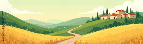 Cartoon Tuscany landscape with farmhouses and golden fields