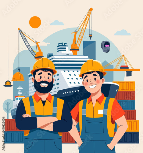 Cheerful dockworkers with ship, cranes, and containers