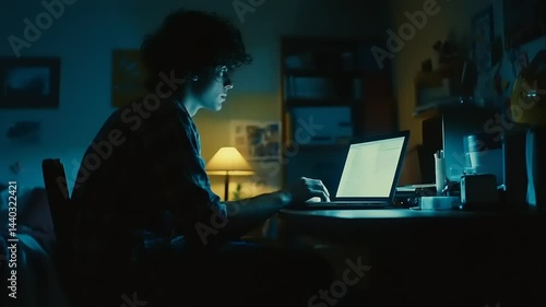 Teenager studying late at night