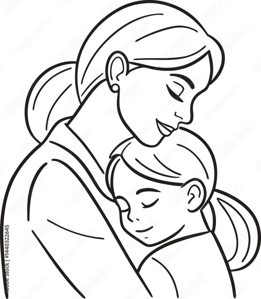 One-line vector drawing of mother hugging daughter, front view, minimal vector line art, centered composition, clean stroke, no face, soft neutral background, emotional modern style, black line design