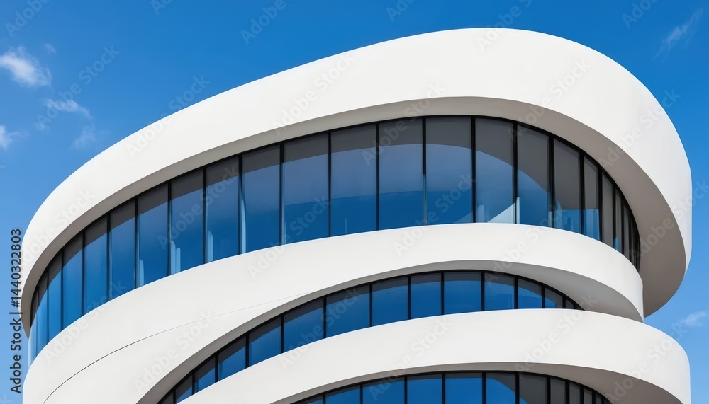 Fototapeta premium A modern white building featuring elegant curved windows that reflect sunlight, surrounded by lush greenery and a clear blue sky, creating a serene atmosphere.