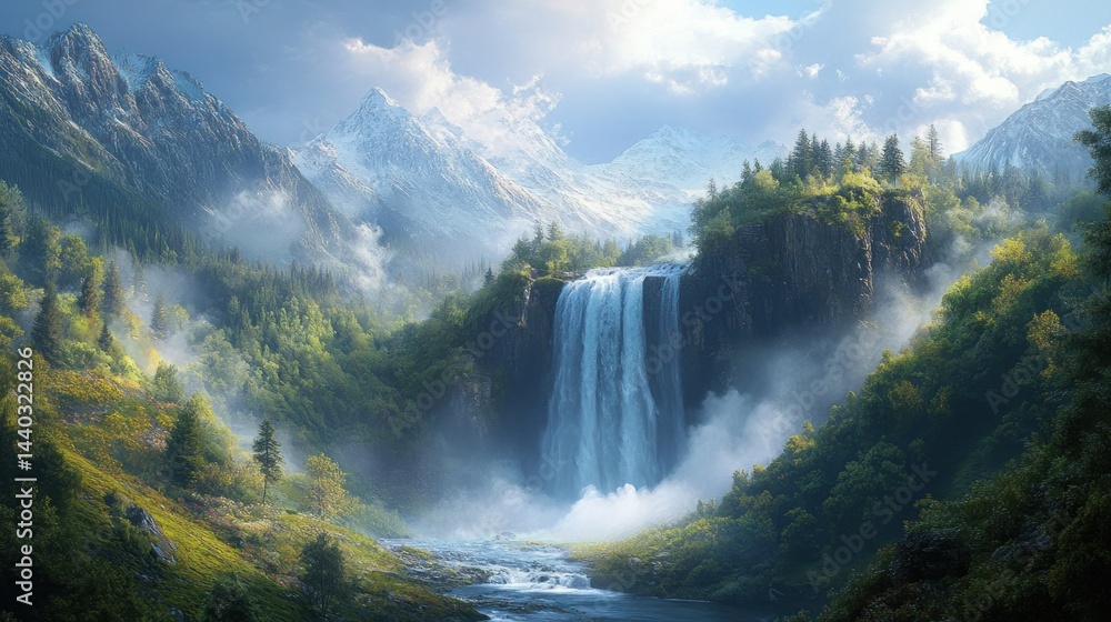Fototapeta premium Majestic Waterfall in a Dreamlike Mountain Valley