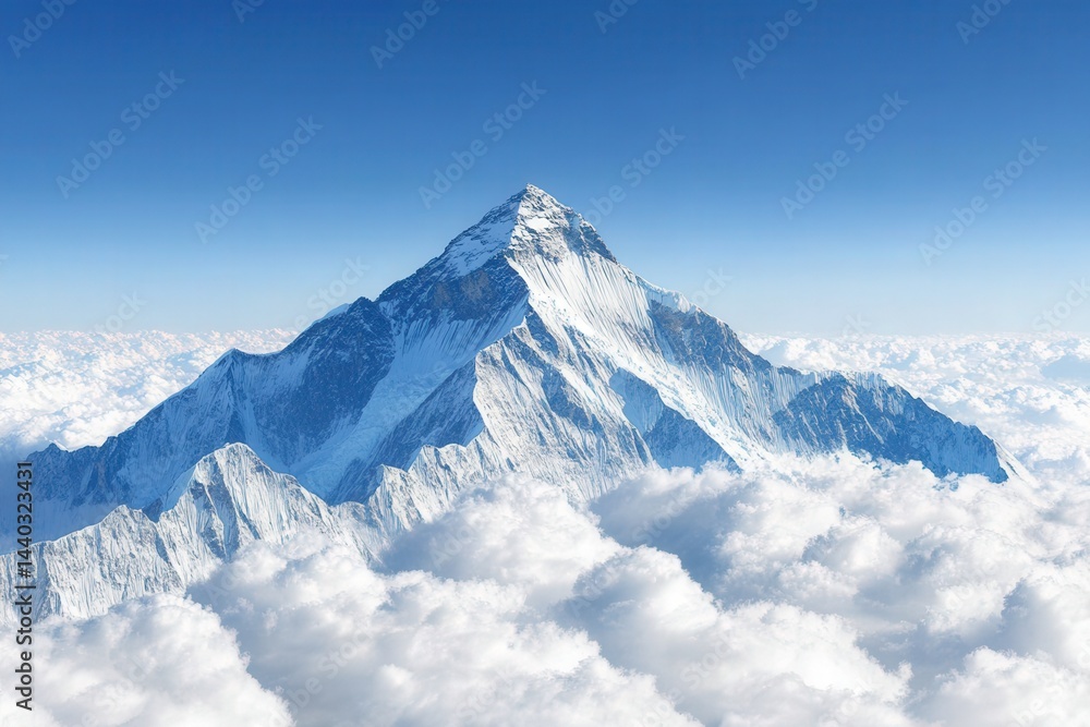 Obraz premium Majestic view of snow-covered mountain peak surrounded by clouds against a clear blue sky