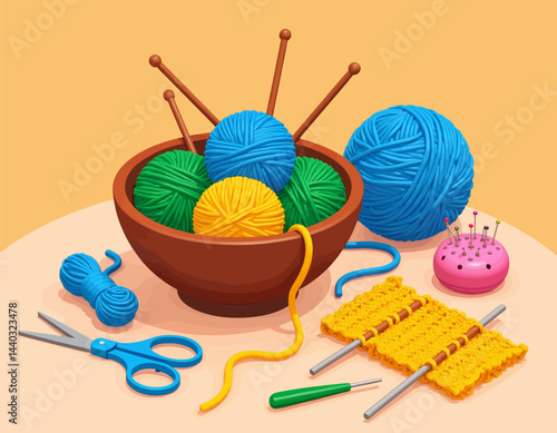 Colorful yarn balls, knitting needles, and tools on table
