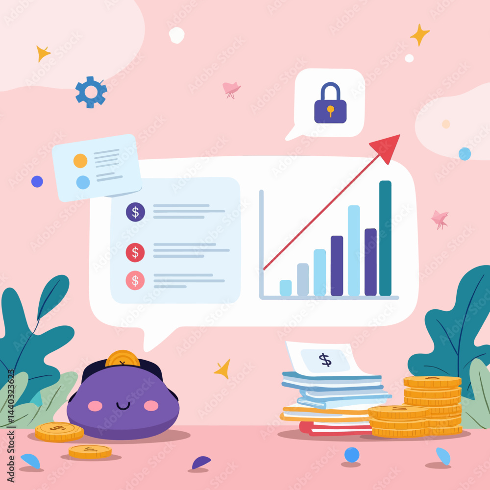 Cute financial growth chart with wallet and coins Cute financial growth chart with wallet and coins