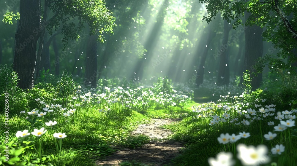 Obraz premium Sunlit forest path lined with blooming flowers.