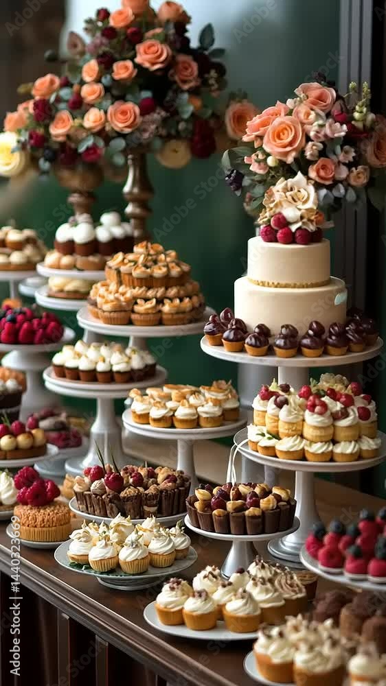 Elegant dessert display at a wedding reception venue Elegant dessert display at a wedding reception venue