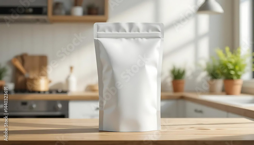 plain white snack bag packaging mockup standing on wooden table with kitchen background