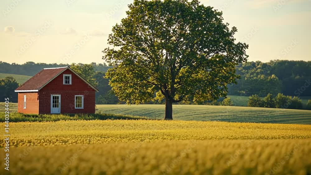 Serene Red House Surrounded by Golden Fields and Lush Green Tree Serene Red House Surrounded by Golden Fields and Lush Green Tree