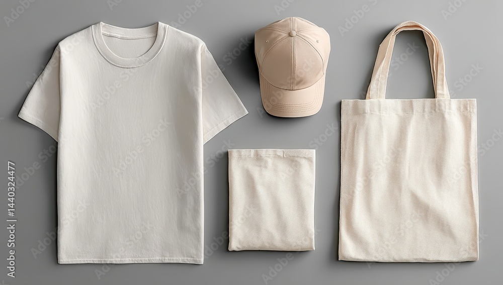 A neatly arranged set of plain beige apparel: a t-shirt, cap, tote bag, and folded cloth on a gray background.
