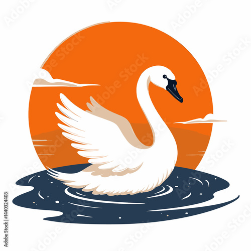 Elegant white swan on water with orange sunset background