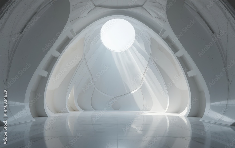 Fototapeta premium A bright white tunnel illuminated by soft, diffused light streaming through its entrance, creating an ethereal and inviting atmosphere.