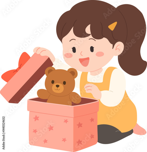 Girl opening a gift box with a teddy bear inside, Vector