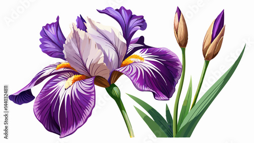 Very beautiful stem with a purple and white plicata flower of bearded iris iris germanica and two unopened buds isolated white background 