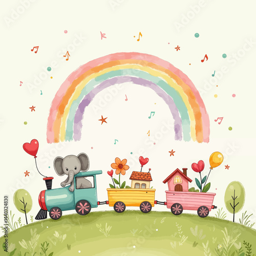 Elephant Conductor on Train with Rainbow and Houses