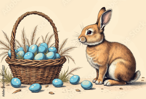 Easter Bunny with Basket of Blue Eggs Illustration