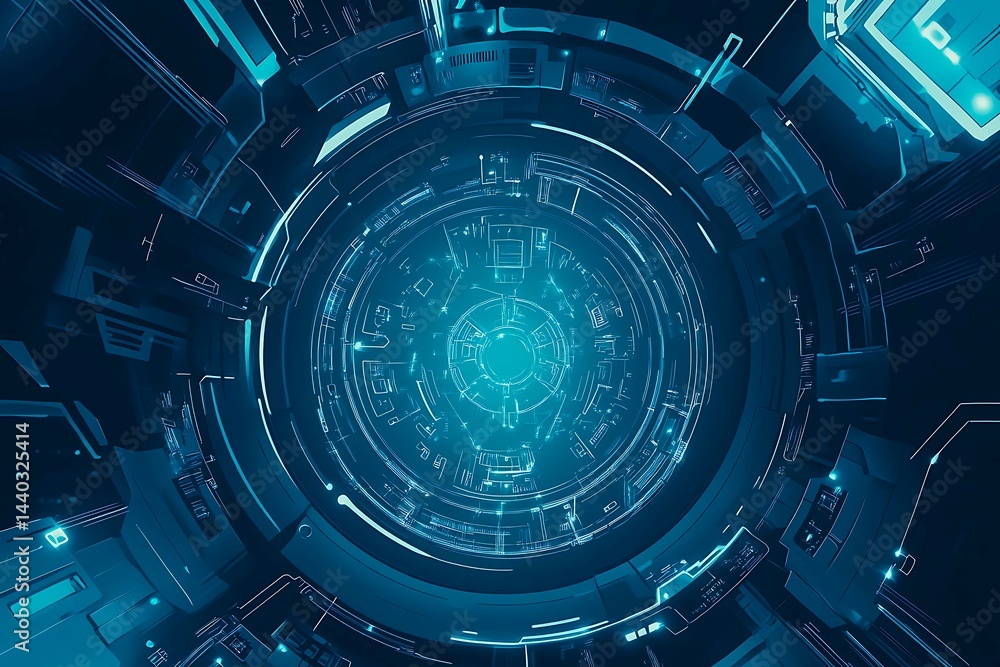 Abstract close-up of a glowing blue digital circuit board, showcasing intricate connections and technological design on a black background.