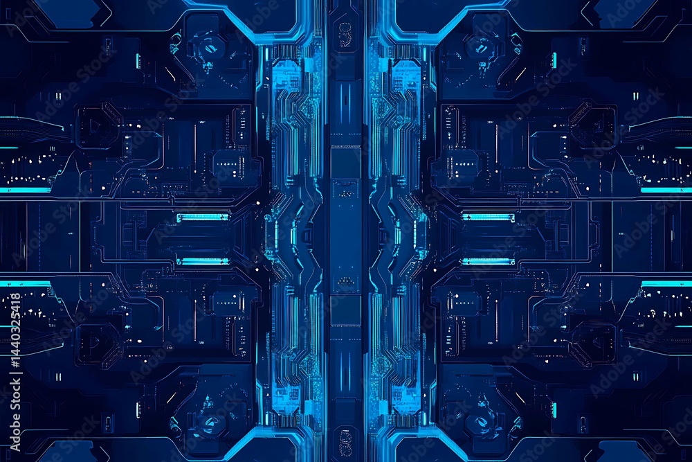 Abstract close-up of a glowing blue digital circuit board, showcasing intricate connections and technological design on a black background.
