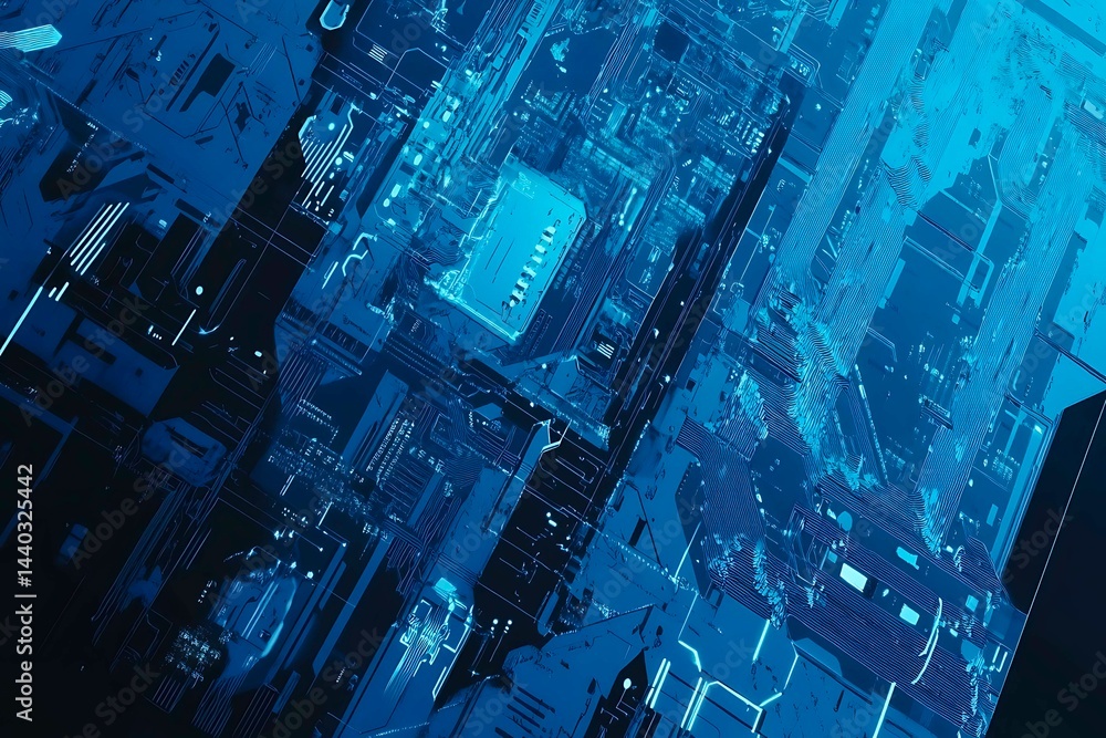 Abstract close-up of a glowing blue digital circuit board, showcasing intricate connections and technological design on a black background.