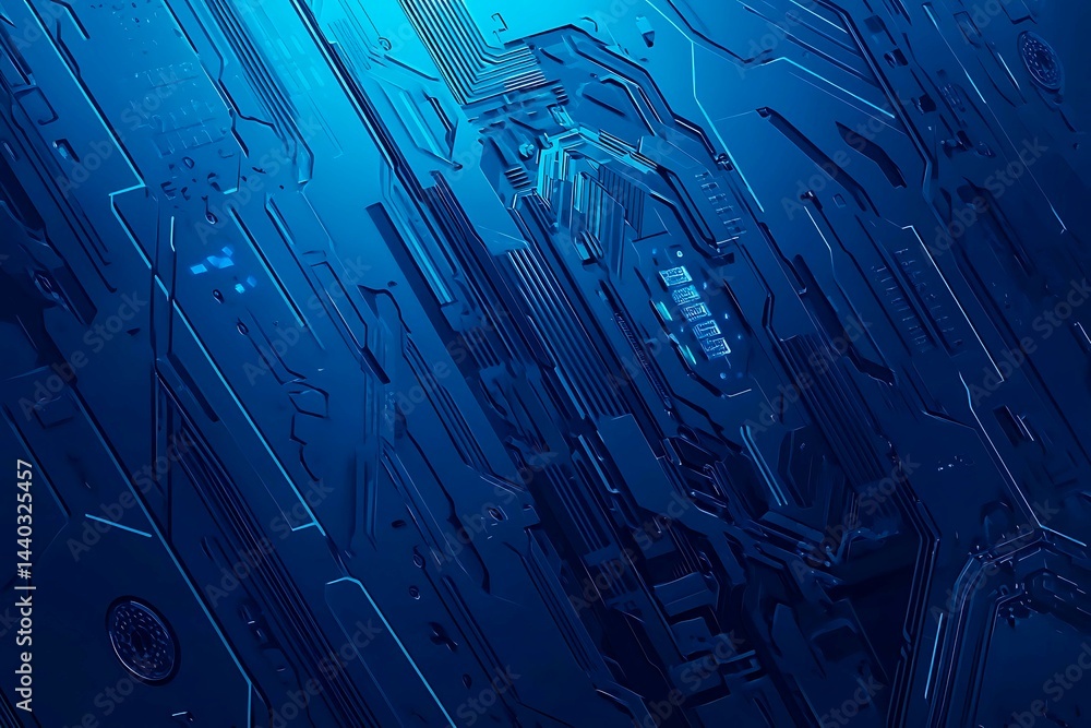 Abstract close-up of a glowing blue digital circuit board, showcasing intricate connections and technological design on a black background.