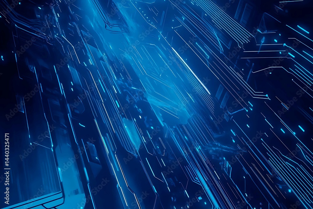 Abstract close-up of a glowing blue digital circuit board, showcasing intricate connections and technological design on a black background.