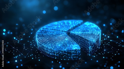 Futuristic pie chart crafted from interconnected blue lines and dots, illuminated against a dark backdrop. Glowing network enhances the abstract data visualization. Abstract wireframe in dark blue.