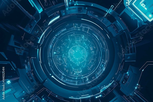 Obraz na płótnie Abstract close-up of a glowing blue digital circuit board, showcasing intricate connections and technological design on a black background.
w salonie