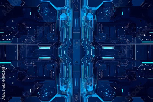 Obraz na płótnie Abstract close-up of a glowing blue digital circuit board, showcasing intricate connections and technological design on a black background.
w salonie