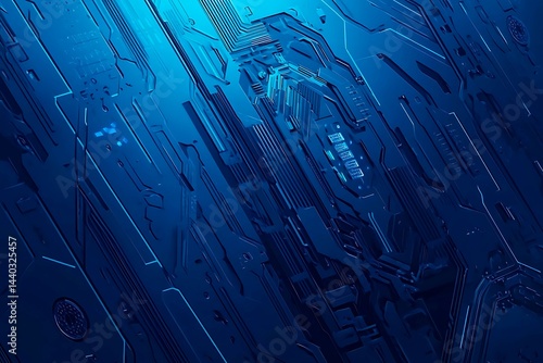 Obraz na płótnie Abstract close-up of a glowing blue digital circuit board, showcasing intricate connections and technological design on a black background.
w salonie