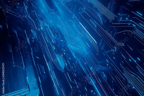 Obraz na płótnie Abstract close-up of a glowing blue digital circuit board, showcasing intricate connections and technological design on a black background.
w salonie